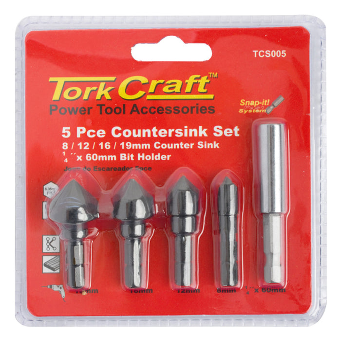 Tork Craft | Countersink Set 5Pc Set Carbon (8, 12, 16, 19mm c/w Hex Shank Adaptor)