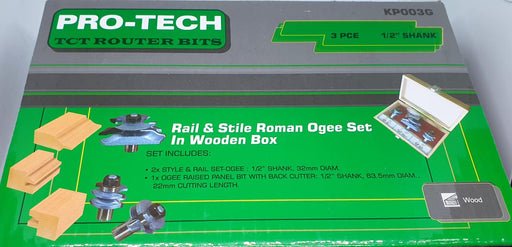 Pro-Tech | Router Bit Set Rail & Stile c/w Raised Panel Bit, 3 Piece, 1/2" Shank - BPM Toolcraft