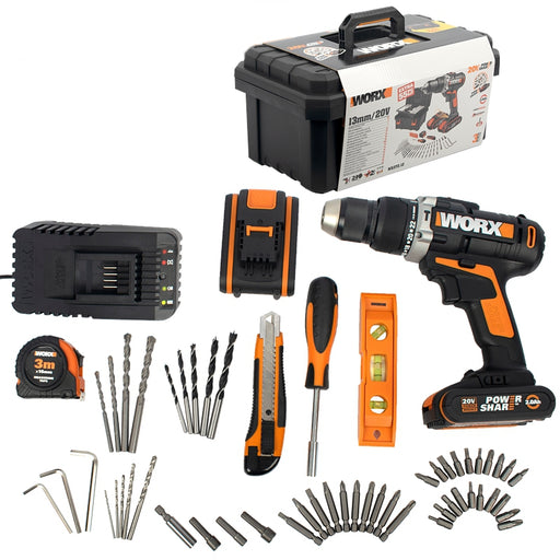 Worx | Hammer Drill, 20V, 50Nm, 2x 2,0Ah Batteries & Charger + 55Pc Acc. Toolbox (Online Only) - BPM Toolcraft