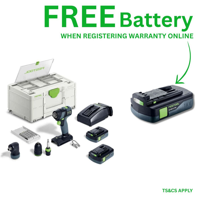 Festool | Cordless drill TXS 18 C 3,0-Set + FREE Battery 18V 3aH (Free gift will be received when registering tool for warranty, Ts&Cs in description below)