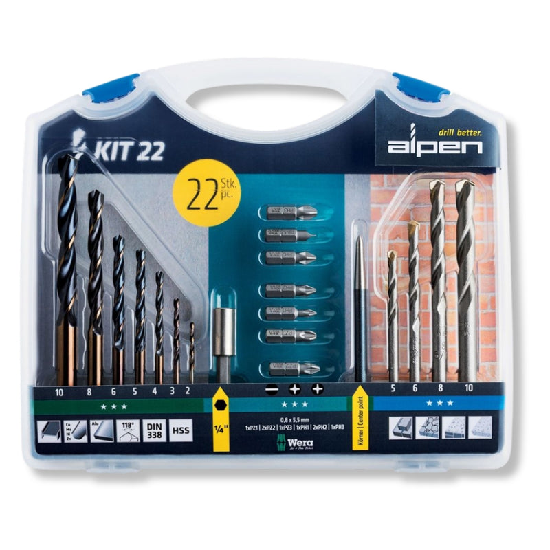 Alpen | Drill & Screwdriver Bit Set in Carry Case (Steel & Masonry) 22Pc
