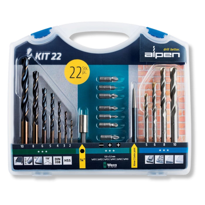 Alpen | Drill & Screwdriver Bit Set in Carry Case (Steel & Masonry) 22Pc