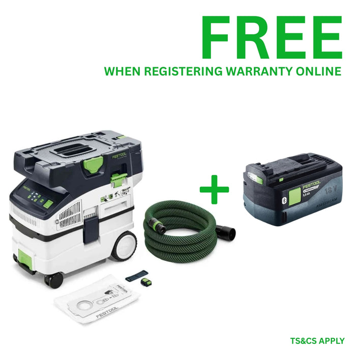 Festool | Cordless mobile dust extractor Cleantec CTLC MIDI Basic + FREE High Power Battery 18V 5aH (Free gift will be received when registering tool for warranty, Ts&Cs in description below)