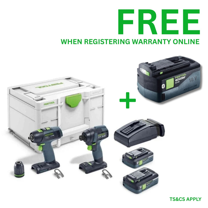 Festool | Screw & drill set TID 18 C3 1 Set T18 + FREE High Power Battery 18V 5aH (Free gift will be received when registering tool for warranty, Ts&Cs in description below)