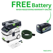 Festool | Cordless mobile dust extractor Cleantec CTLC MIDI Basic + FREE High Power Battery 18V 5aH (Free gift will be received when registering tool for warranty, Ts&Cs in description below)-Toolcraft
