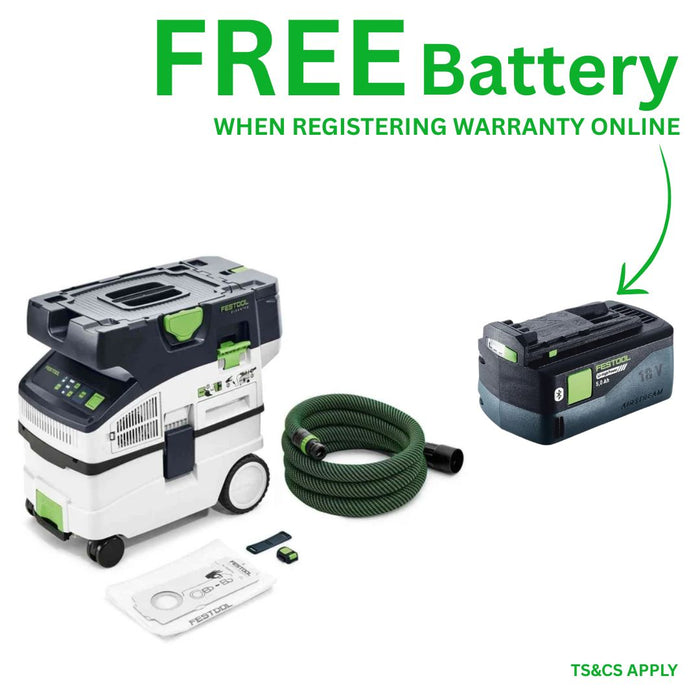 Festool | Cordless mobile dust extractor Cleantec CTLC MIDI Basic + FREE High Power Battery 18V 5aH (Free gift will be received when registering tool for warranty, Ts&Cs in description below)