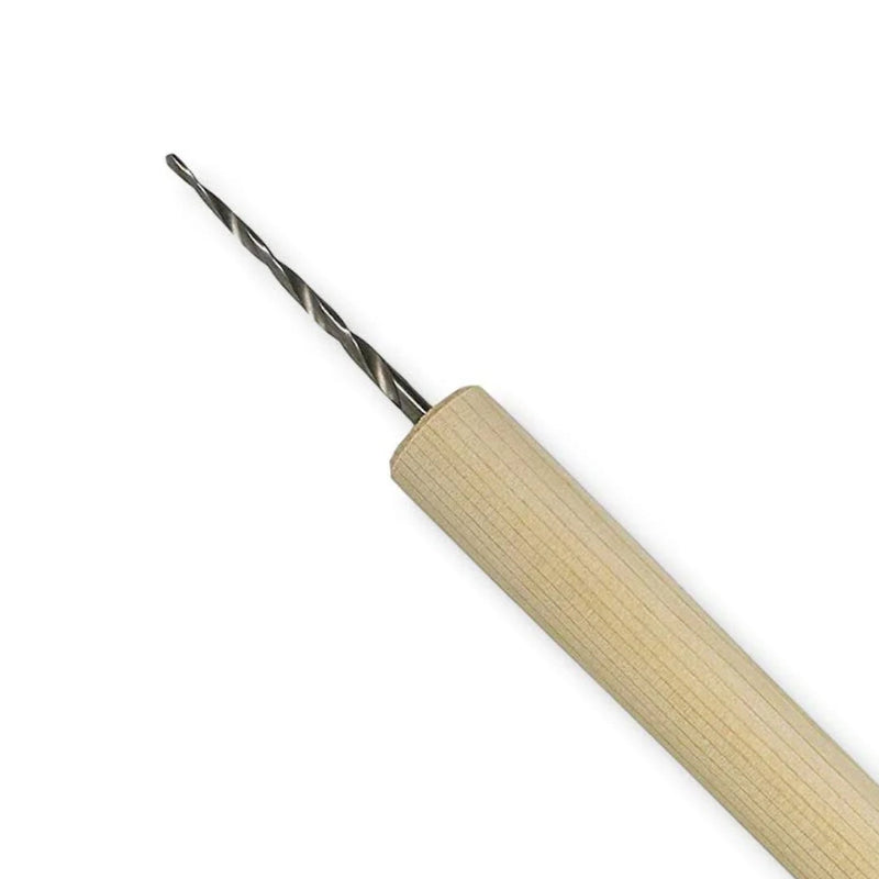 Close up of metal tip of the Kakuri Tapered Type Gimlet 3mm tool with wooden handle
