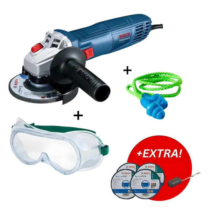 Bosch GWS 700 Grinder with 4X Cutting Discs & 1X Carbon Brush Set incl. Safety Goggles & Ear Plugs