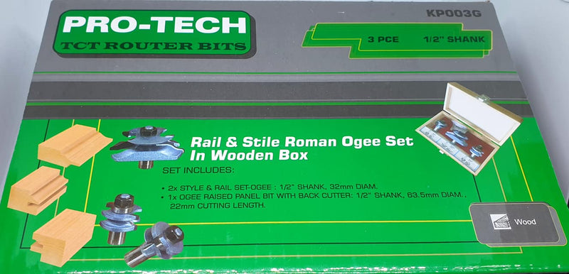 Pro-Tech | Router Bit Set Rail & Stile c/w Raised Panel Bit, 3 Piece, 1/2" Shank - Toolcraft