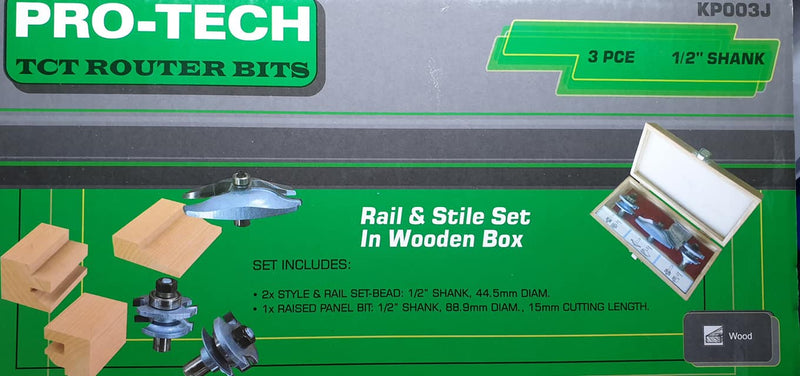 Pro-Tech | Router Bit Set Rail & Stile c/w Roman Ogee Panel Bit, 3Pc 1/2" Shank - Toolcraft