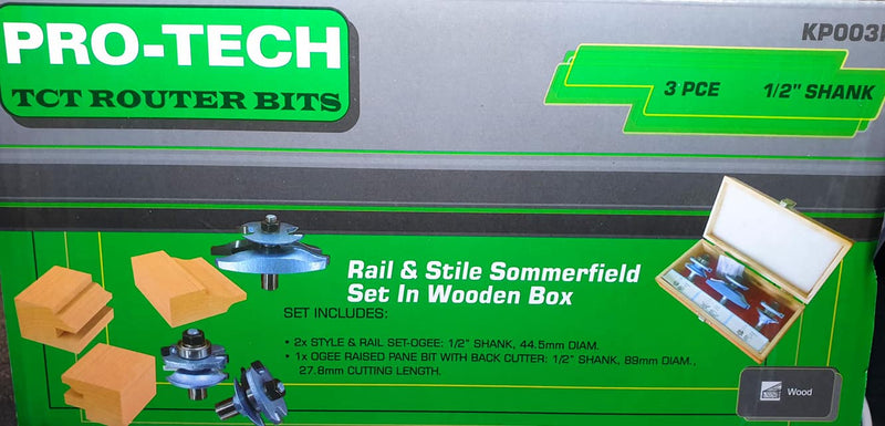 Pro-Tech | Router Bit Set Rail & Stile c/w Sommerfield Panel Bit, 3Pc 1/2" Shank - Toolcraft