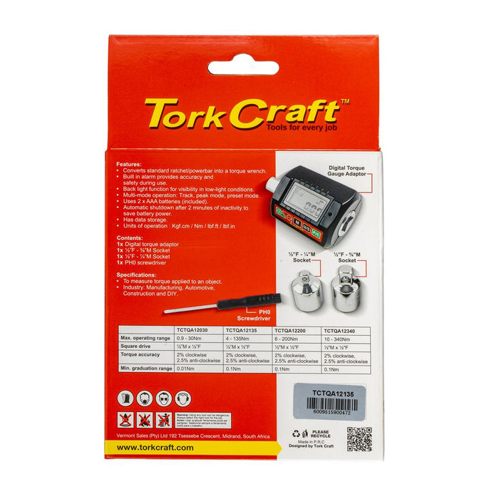 Tork Craft | Digital Torque Gauge/Adaptor 4-135NM 1/2"DR 2% ACC