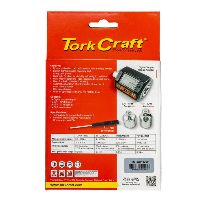 Tork Craft | Digital Torque Gauge/Adaptor 6 - 200NM 1/2"DR 2% ACC