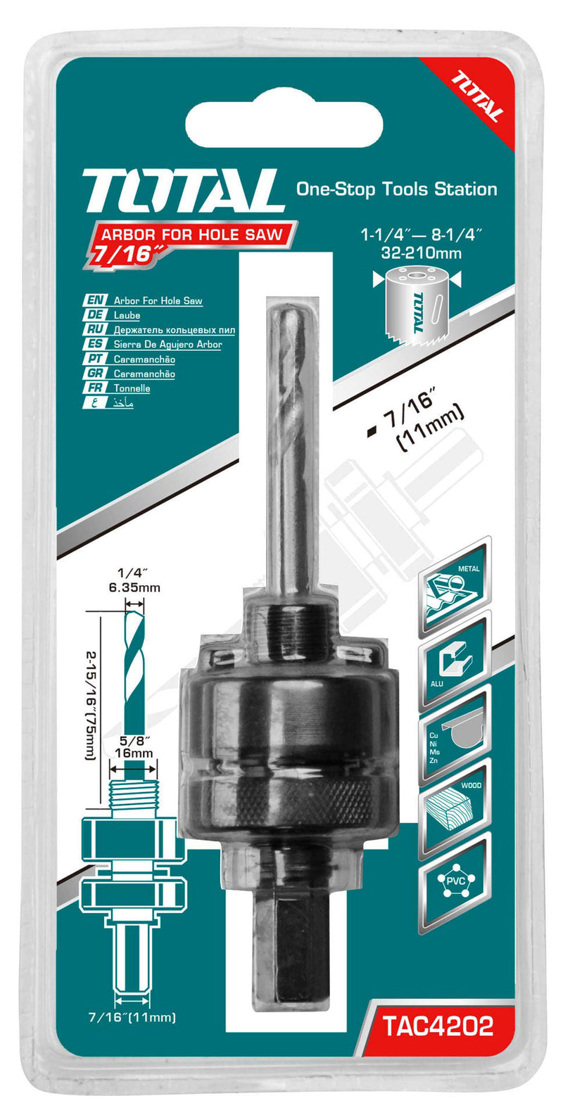 TOTAL | Arbor for Hole Saw 7/16" 32mm - 210mm TAC4202-Toolcraft