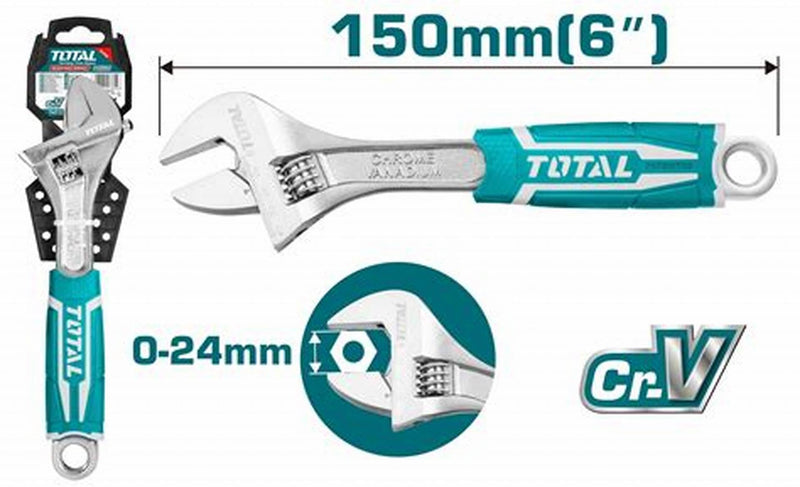 TOTAL | Wrench Adjustable 150mm/6" Rubber Handle THT101066-Toolcraft