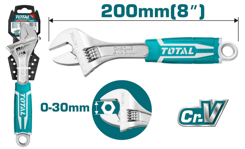 TOTAL | Wrench Adjustable 200mm/8" Rubber Handle THT101086-Toolcraft