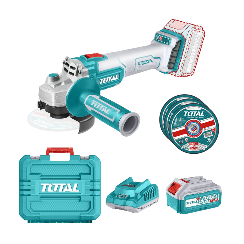 TOTAL | Cordless Angle Grinder Brushless - 20V + 4.0Ah Battery & Charger TAGLI2011587-Toolcraft