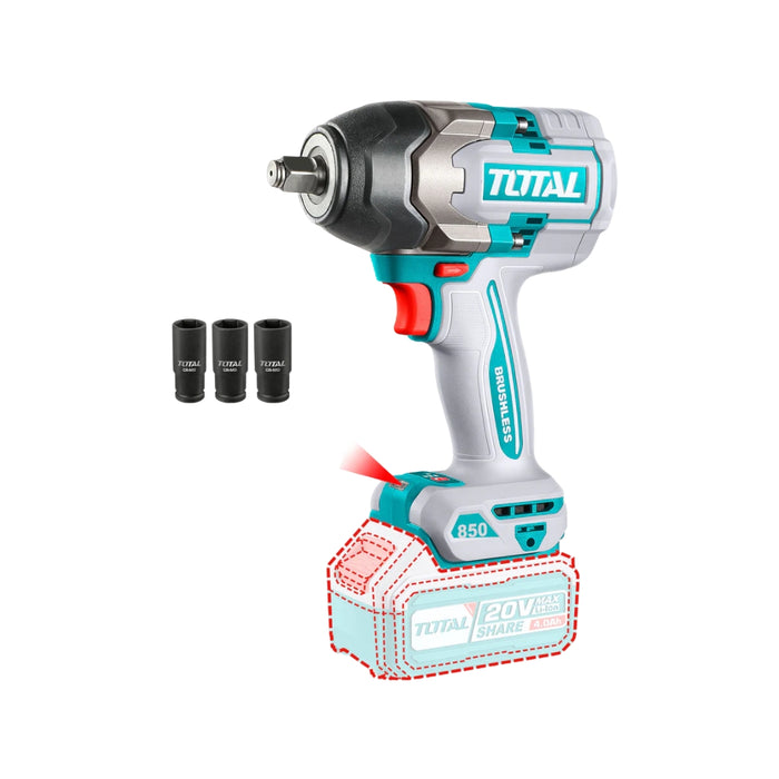 TOTAL | Cordless 20V Impact Wrench 1/2"Dr Brushless 850Nm - (Battery Excluded)