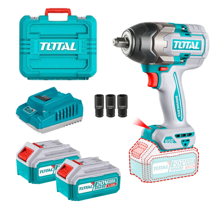 TOTAL | Cordless 20V Impact Wrench 1/2"Dr Brushless 850Nm + Battery & Charger