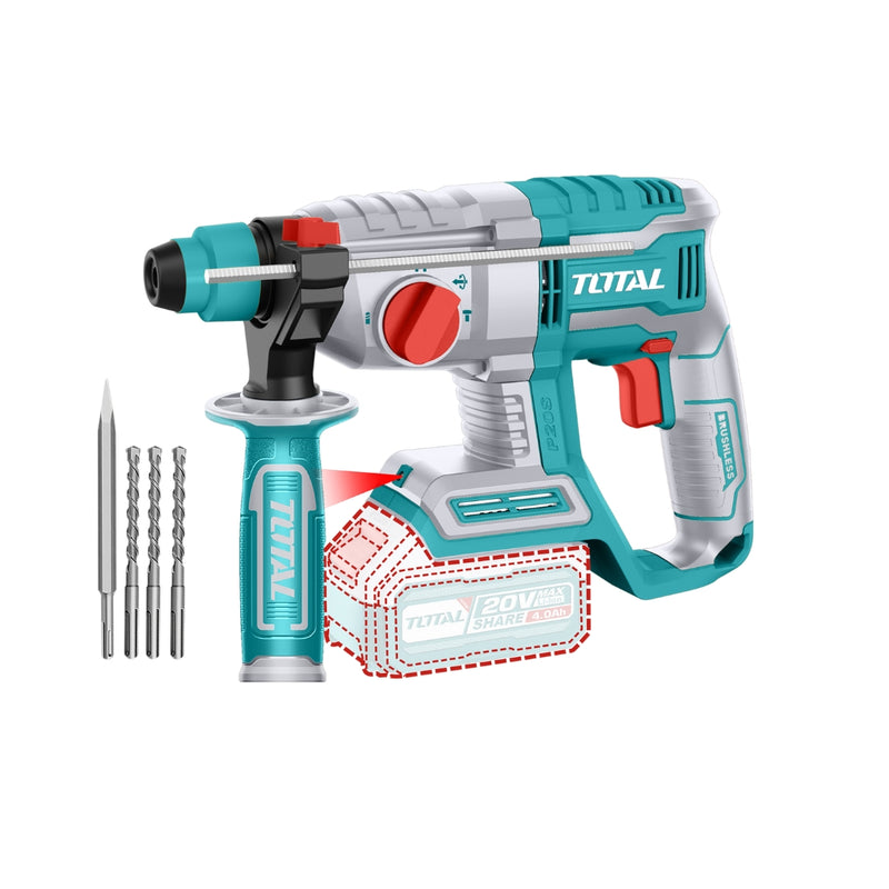 TOTAL | Cordless 20V Rotary Hammer Drill Brushless 22mm (Battery Excluded) TRHLI20208-Toolcraft