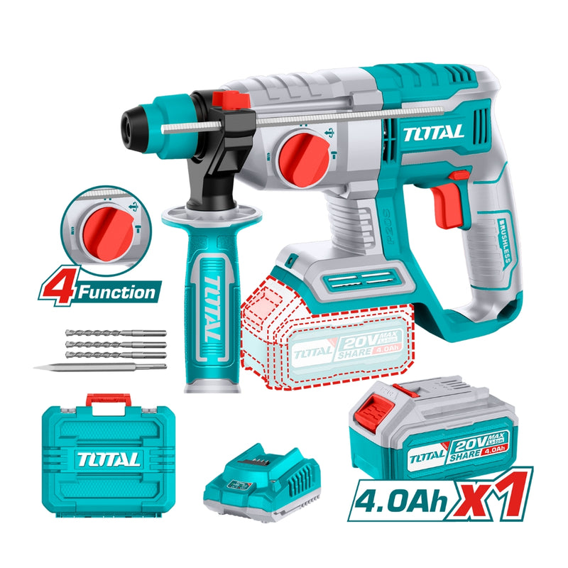 TOTAL | Cordless 20V Rotary Hammer Drill Brushless 22mm + Battery & Charger TRHLI202081-Toolcraft