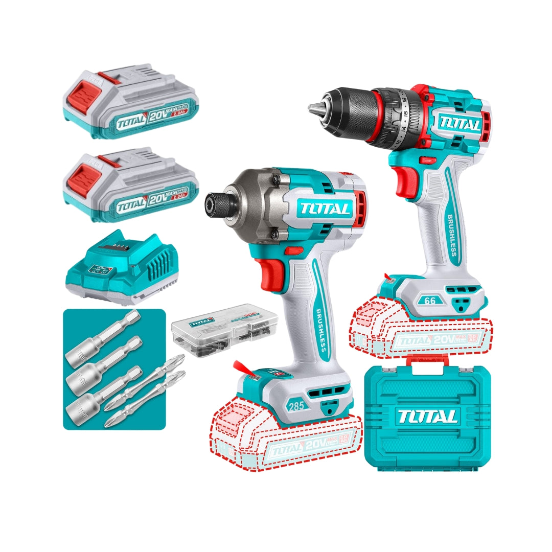 TOTAL Cordless Impact Drill Driver Kit Brushless Toolcraft
