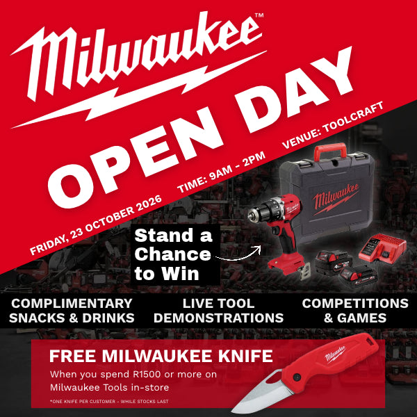 Promotional banner for Milwaukee Open Day, featuring a red and black Milwaukee logo on the left, large white 'OPEN DAY' text in the center, and event details on the right including a free Milwaukee knife and date and time for a chance to win.