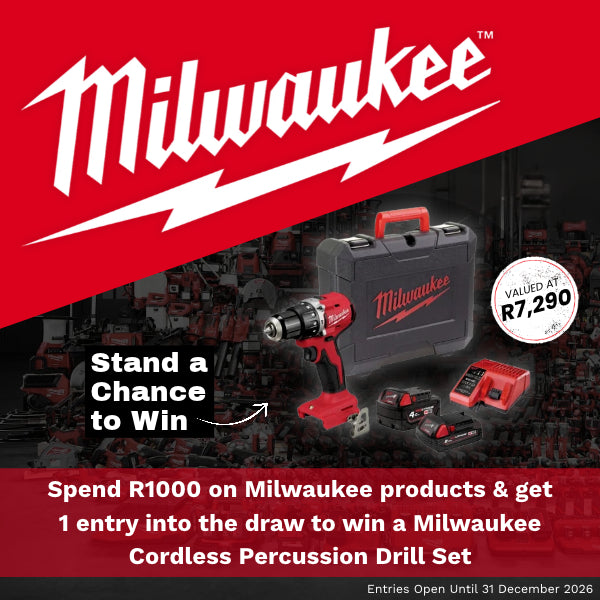 Promotional graphic for a Milwaukee cordless percussion drill set, showing a red and black drill, carrying case, batteries, and charger on a dark workshop background with large Milwaukee branding and text about a chance to win.