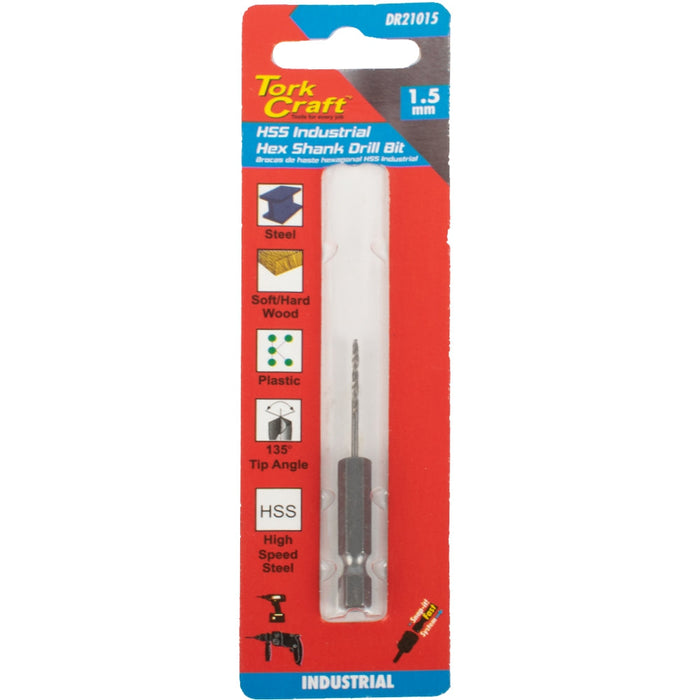 Tork Craft | Drill Bit HSS 1.5mm 135º 1/Card Hex Shank Industrial