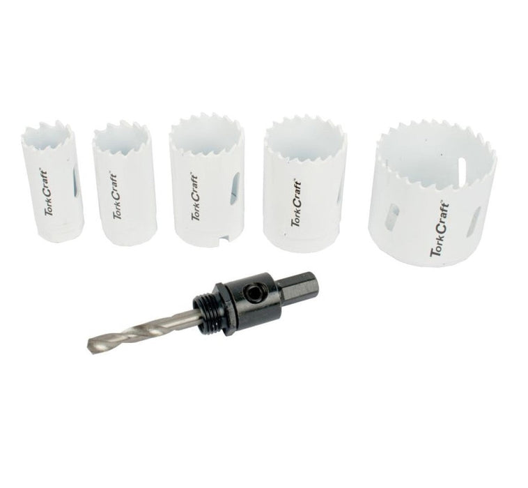 Tork Craft | Hole Saw Set Bi-Metal 22, 25, 32, 35, 51mm & 3/8" Hex Mandrel 6Pc