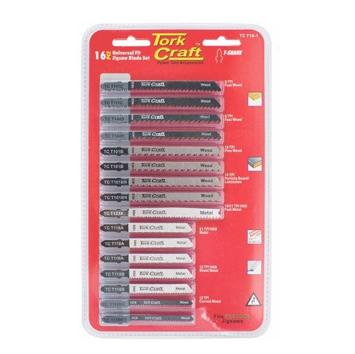 Tork Craft | Jigsaw Blades T-Shank Set Assorted Metal & Wood Cutting 16Pc-Toolcraft