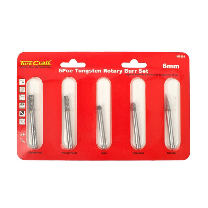 Tork Craft | Rotary Burr Set 5Pc Asstd 6mm Dia. Tungsten
