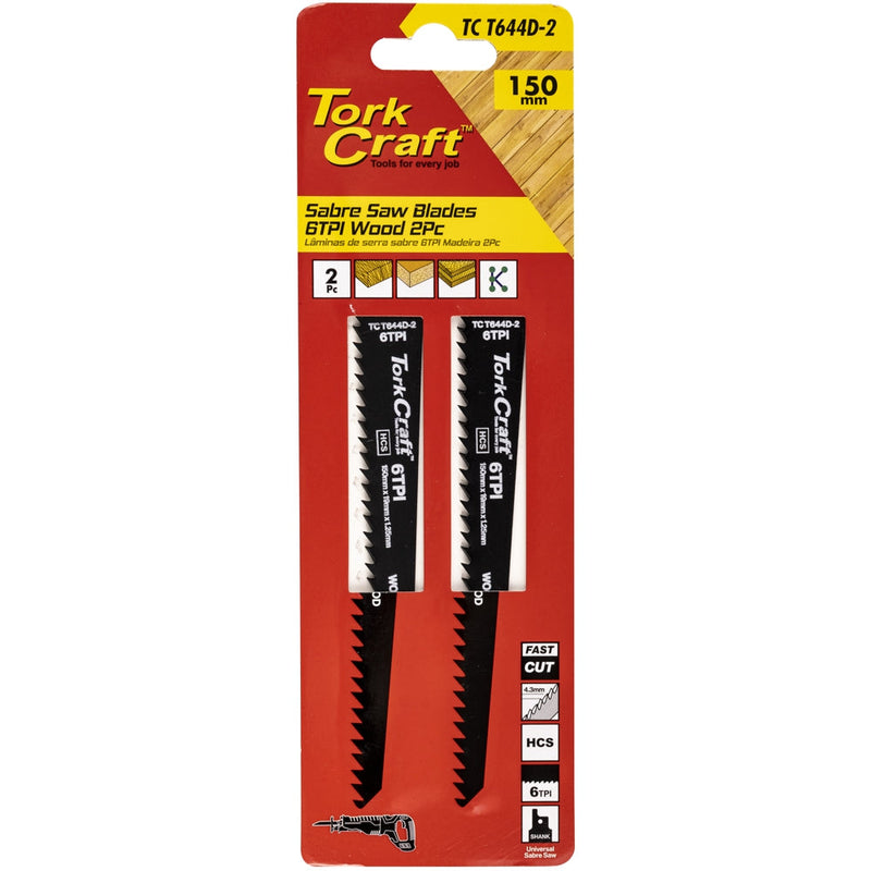 Tork Craft | Sabre Saw Blade 150 X 4.3mm 6tpi Wood 2Pc-Toolcraft