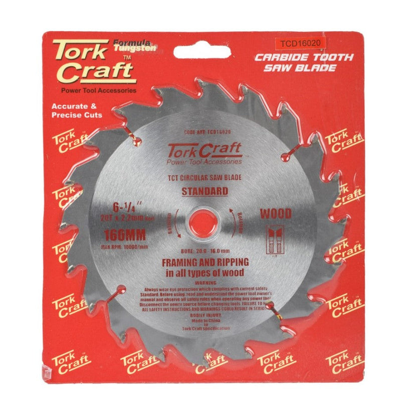 Tork Craft | Saw Blade TCT 160X20T 20/16mm General Purpose Rip Wood-Toolcraft