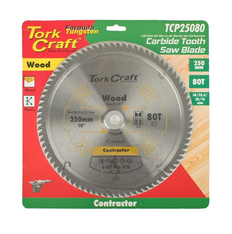 Tork Craft | Saw Blade TCT 250X80T 30/25,4/20/16mm ATB Contractor Wood-Toolcraft