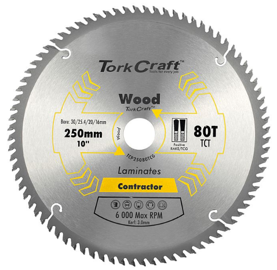 Tork Craft | Saw Blade TCT 250x80T 30/25,4/20/16mm Contractor Wood - Toolcraft