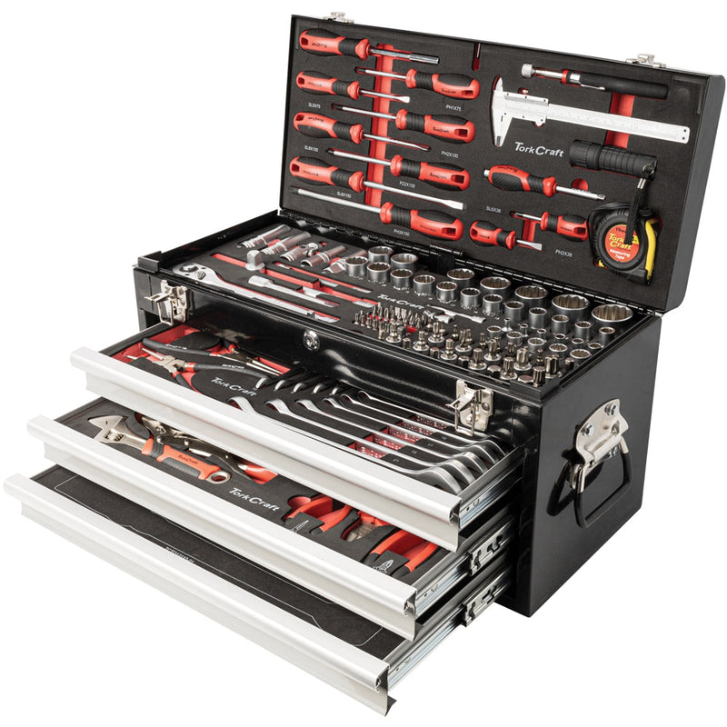 Tork Craft | Tool Box 3 Drawer & Top Tray 535 X 255 X 315mm 154Pc-Toolcraft