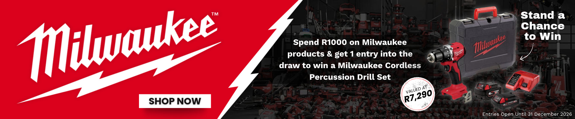 Milwaukee promotional banner featuring the Milwaukee logo in red and white on the left, a black cordless percussion drill set on the right, and text offering a chance to win a cordless drill bit set.
