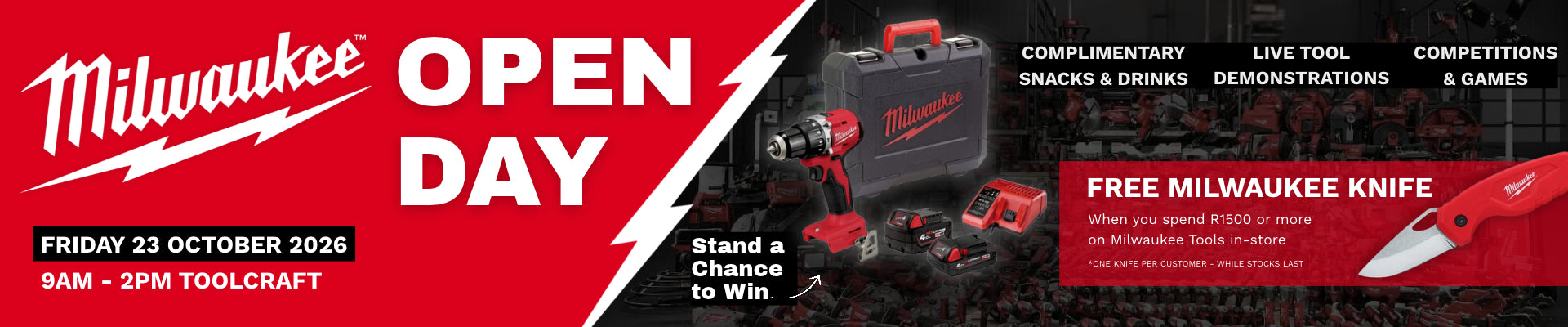 Promotional banner for Milwaukee Open Day, featuring a red and black Milwaukee logo on the left, large white 'OPEN DAY' text in the center, and event details on the right including a free Milwaukee knife and date and time for a chance to win.