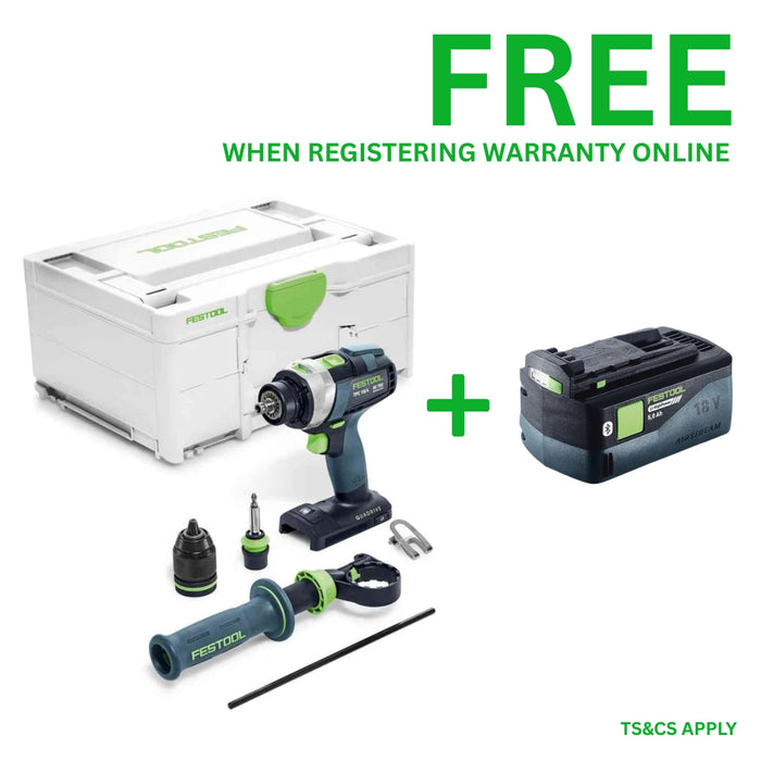 Festool | Cordless percussion drill QUADRIVE TPC 18/4 I-Basic + FREE High Power Battery 18V 5aH (Free gift will be received when registering tool for warranty, Ts&Cs in description below)