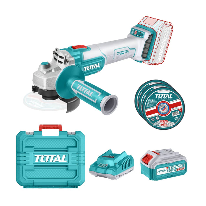 TOTAL | Cordless Angle Grinder Brushless - 20V + 4.0Ah Battery & Charger