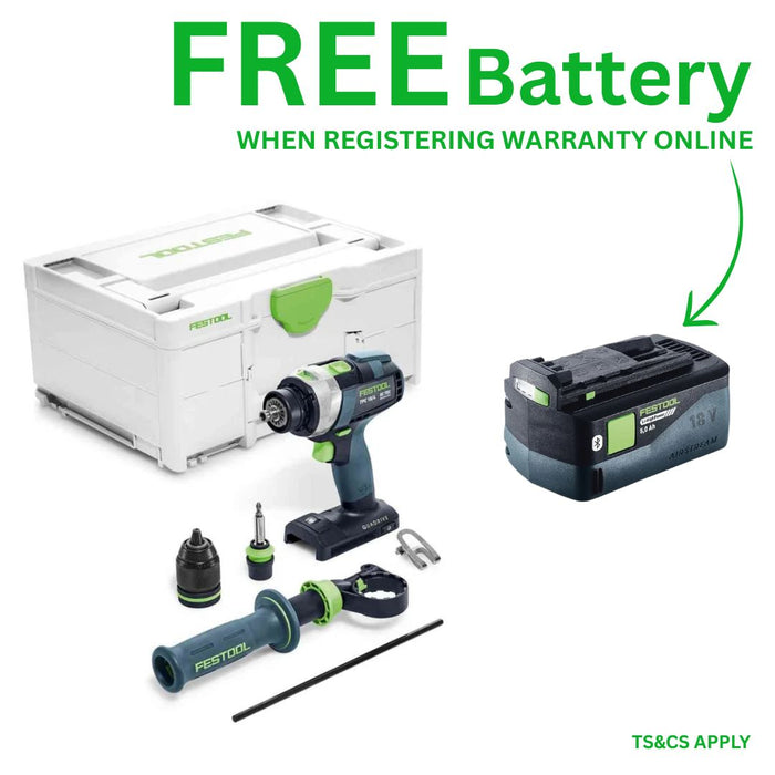 Festool | Cordless percussion drill QUADRIVE TPC 18/4 I-Basic + FREE High Power Battery 18V 5aH (Free gift will be received when registering tool for warranty, Ts&Cs in description below)