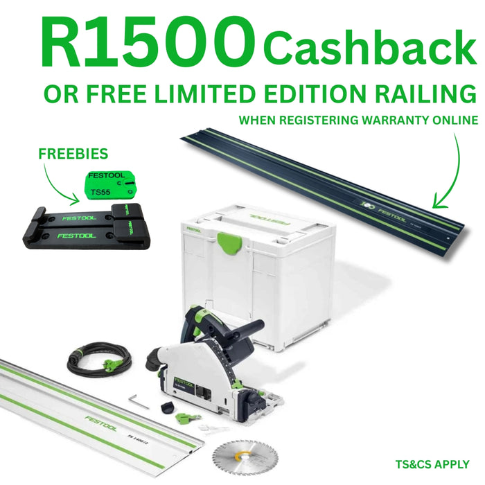 Festool | Plunge cut saw TS 55 FEBQ-PLUS-FS + R1500 Cashback or FREE Limited Edition Blue Rail (Free gift or cashback will be received when registering tool for warranty, Ts&Cs in description below)