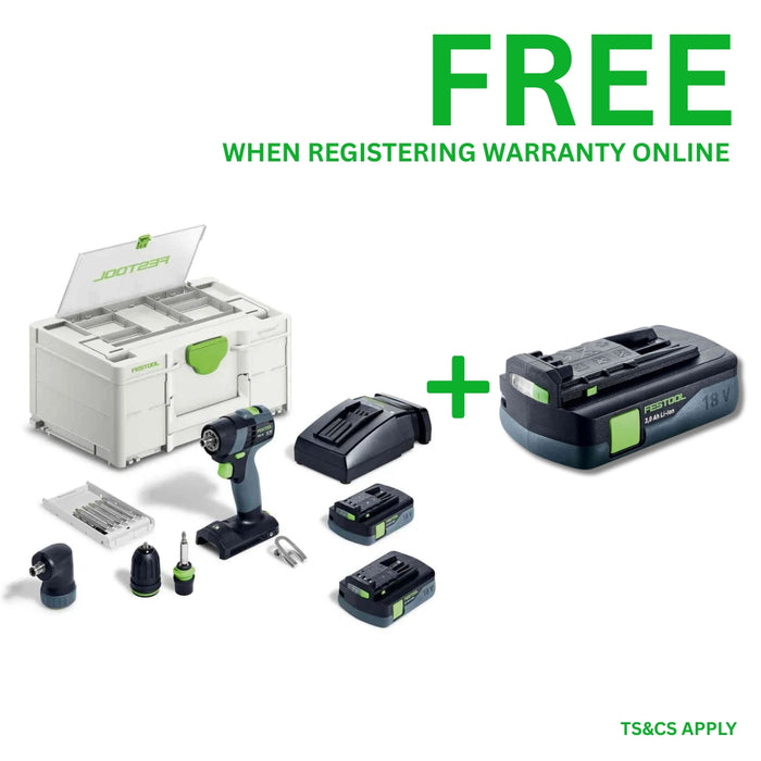 Festool | Cordless drill TXS 18 C 3,0-Set + FREE Battery 18V 3aH (Free gift will be received when registering tool for warranty, Ts&Cs in description below)