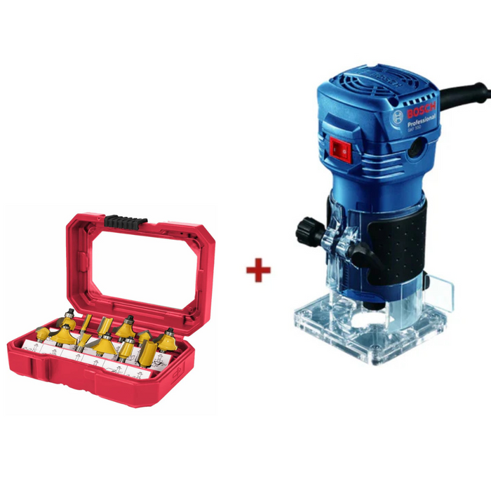 Bosch Professional | Palm Router GKF 550 + Tork Craft | Router Bit Set 1/4" Shank Hard Case 12Pc Combo Deal