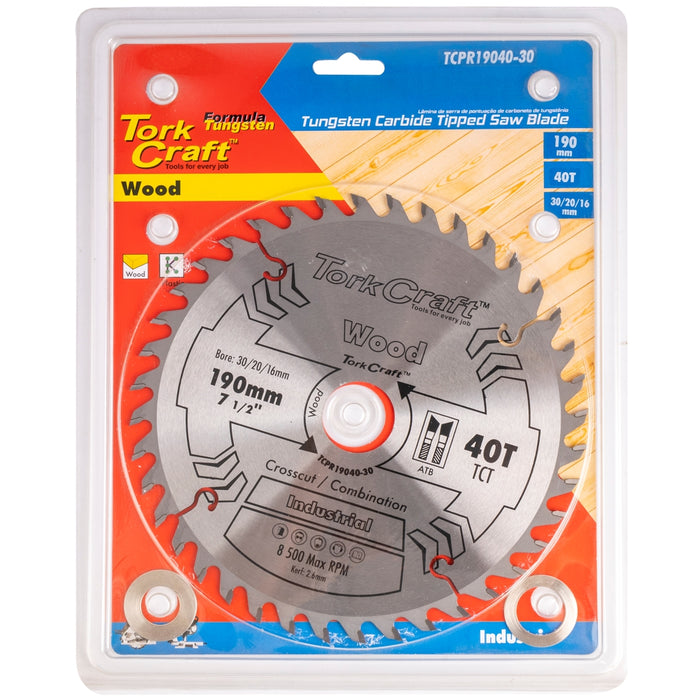Tork Craft | Saw Blade TCT 190X40T 30/20/16mm ATB Positive Professional Industrial