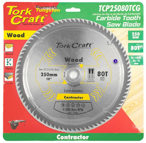 Tork Craft | Saw Blade TCT 250x80T 30/25,4/20/16mm Contractor Wood - BPM Toolcraft