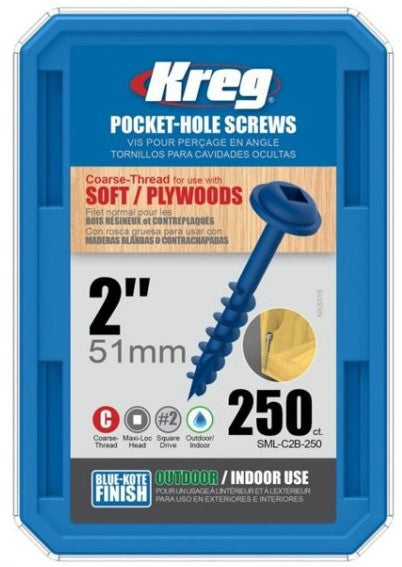Kreg | Pocket-Hole Screws, Blue-Kote™ 2" Coarse, Maxi-Loc 250Pc KR SML-C2B-250-INT (Online Only) - BPM Toolcraft