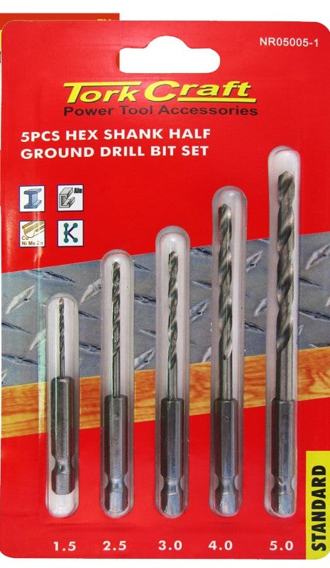 Toolcraft | Drill Bit Set 5pc HSS Half Ground Hex Shank 1.5/2.5/3/4/5mm - BPM Toolcraft