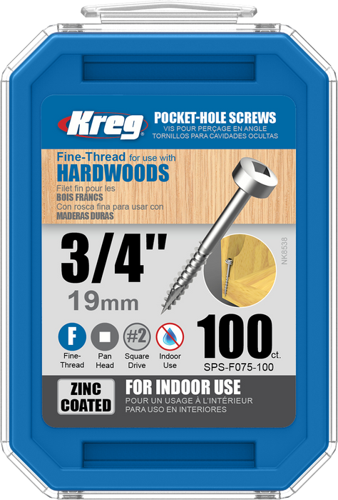 Kreg | Pocket-Hole Screws Zinc, ¾" Fine, Pan Head, 100Pc KR SPS-F075-100 - BPM Toolcraft